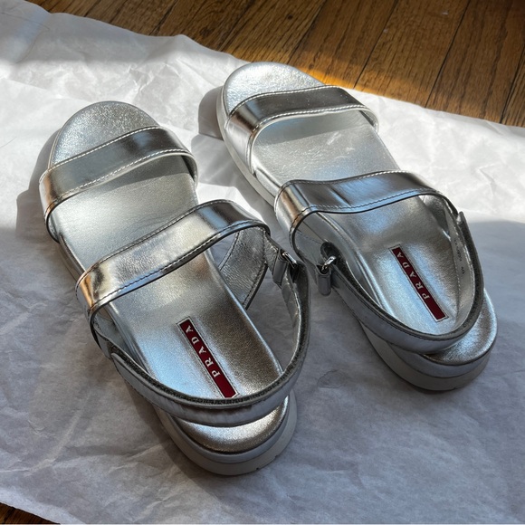 Prada Shoes - Metallic silver chrome PRADA slingback sandals